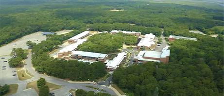 drone shot of campus